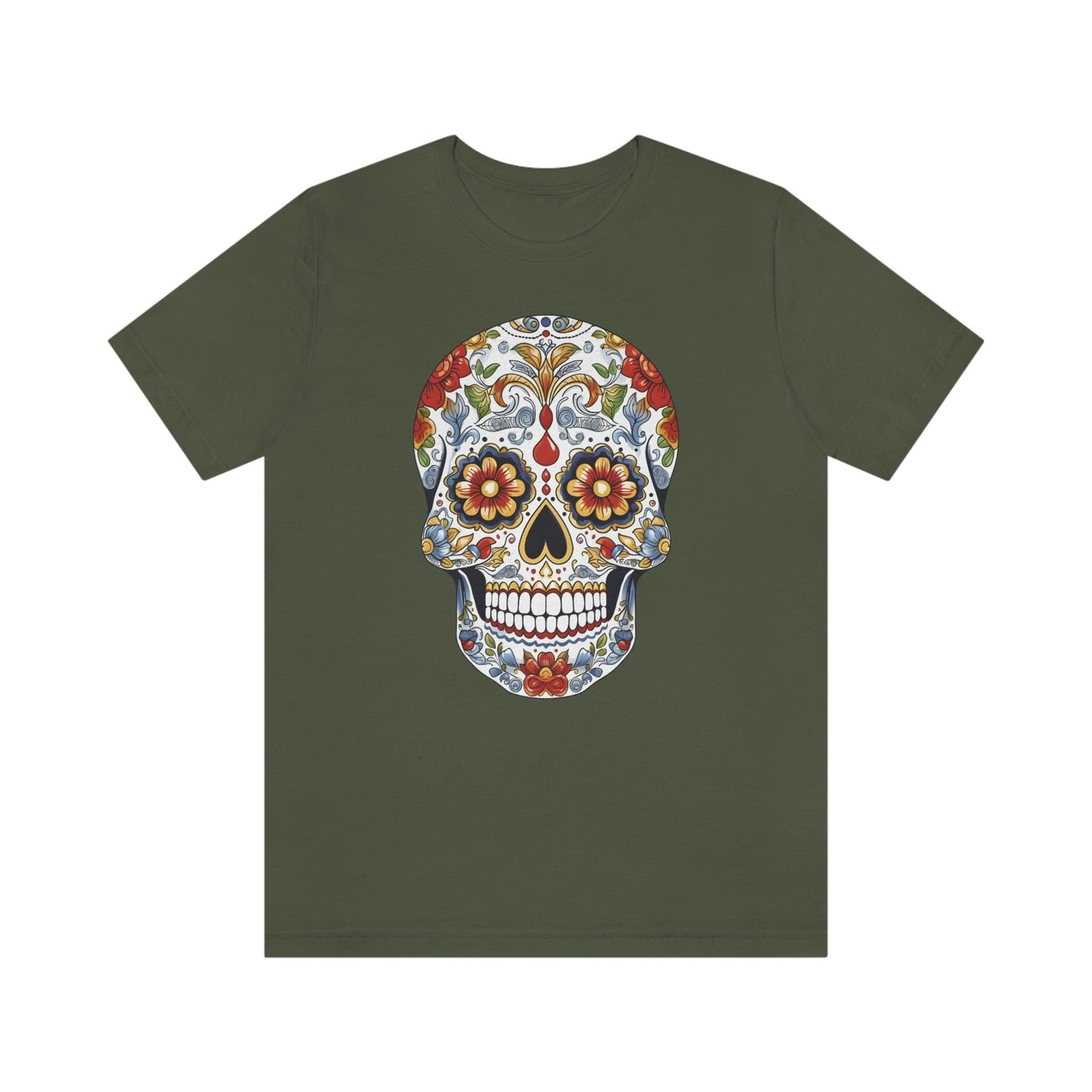 Unisex Mexican Sugar Skull T-Shirt- Unique Tattoo Inspired Tee T-Shirt Printify XS Military Green 