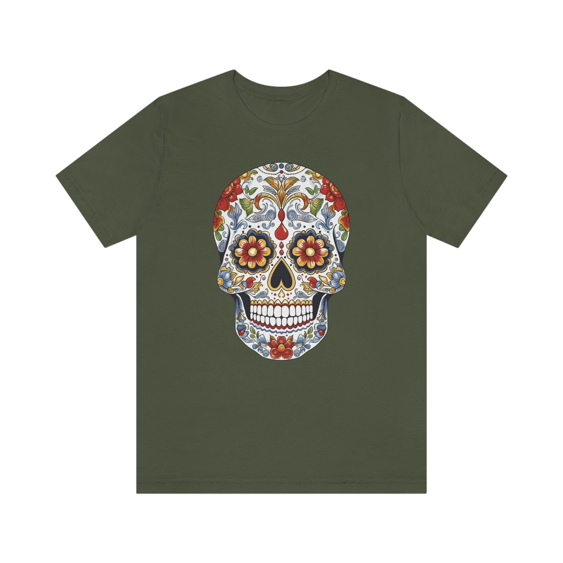 Unisex Mexican Sugar Skull T-Shirt- Unique Tattoo Inspired Tee T-Shirt Printify XS Military Green 