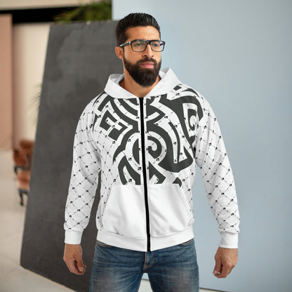 White Zip Hoodie with Graphite Gray Tribal Tattoo Design- Unisex All Over Prints Printify 