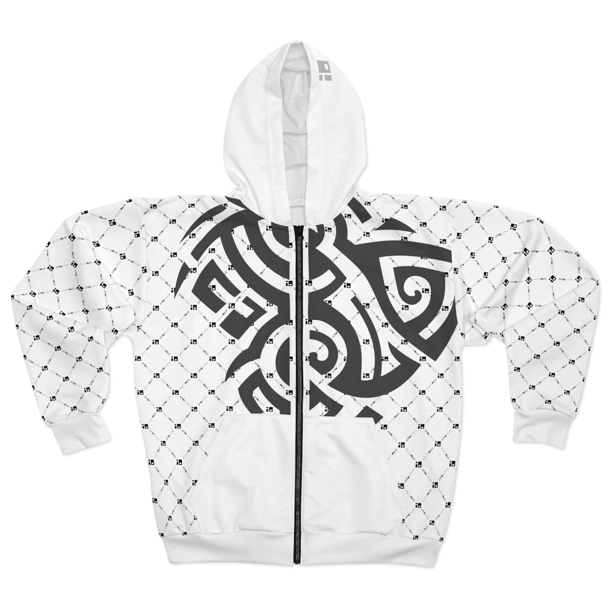 White Zip Hoodie with Graphite Gray Tribal Tattoo Design- Unisex