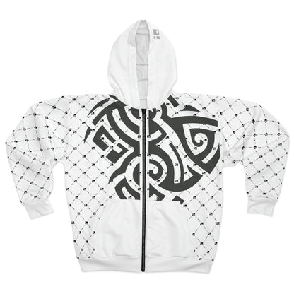 White Zip Hoodie with Graphite Gray Tribal Tattoo Design- Unisex All Over Prints Printify 